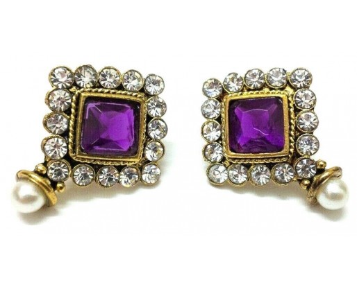 Gold Oxidized Women Earring Stud Jewelry PushBack Classy Gift-Rhinestone Bead 27